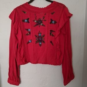 Long sleeve red embroidered free people top